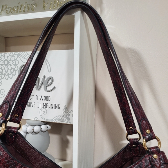 COACH Kristy Shoulder Bag Leather/ Snake-Embossed Brown Crimson Tote #C6830 - Picture 2 of 16